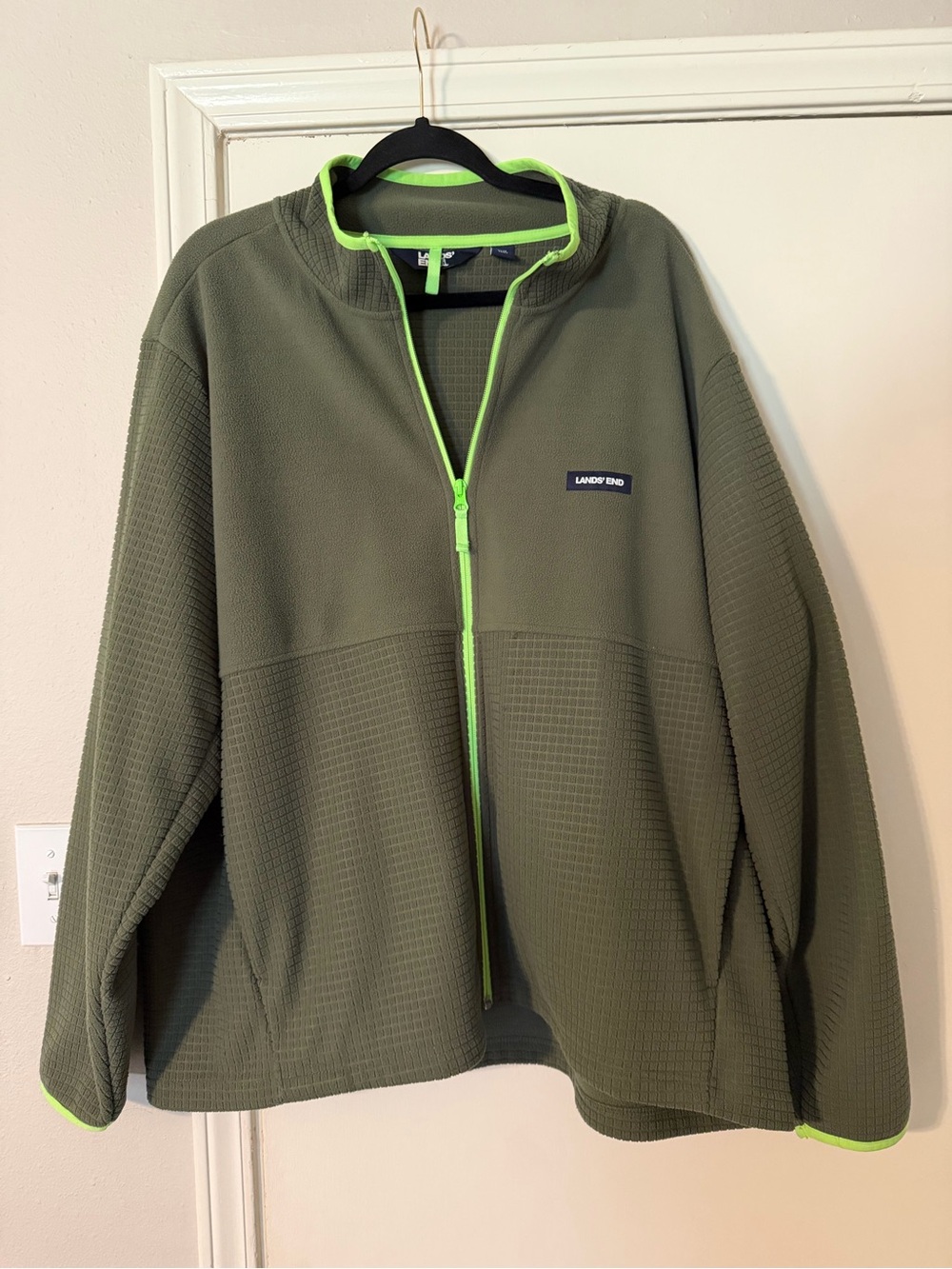 Lands' End Men's Olive Green Zip-Front Jacket with Neon Green Trim